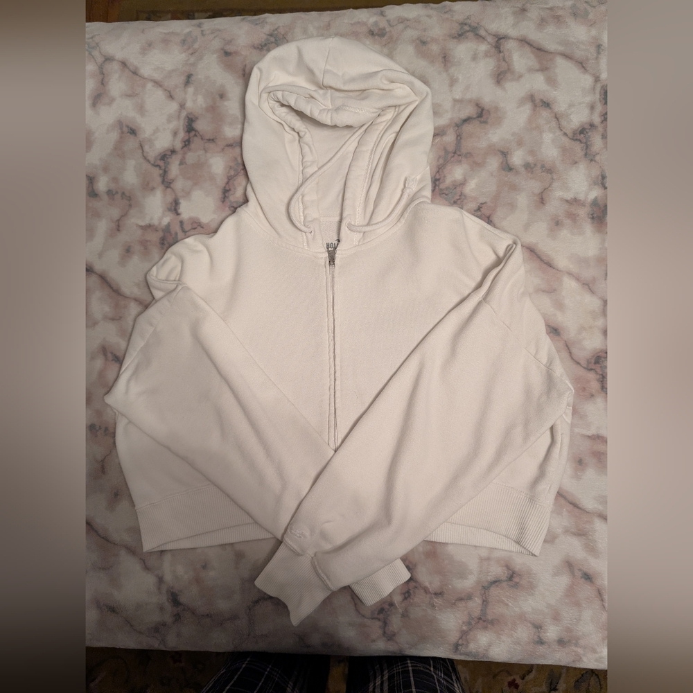Hollister White Cropped Full Zip Hoodie (Practically New)